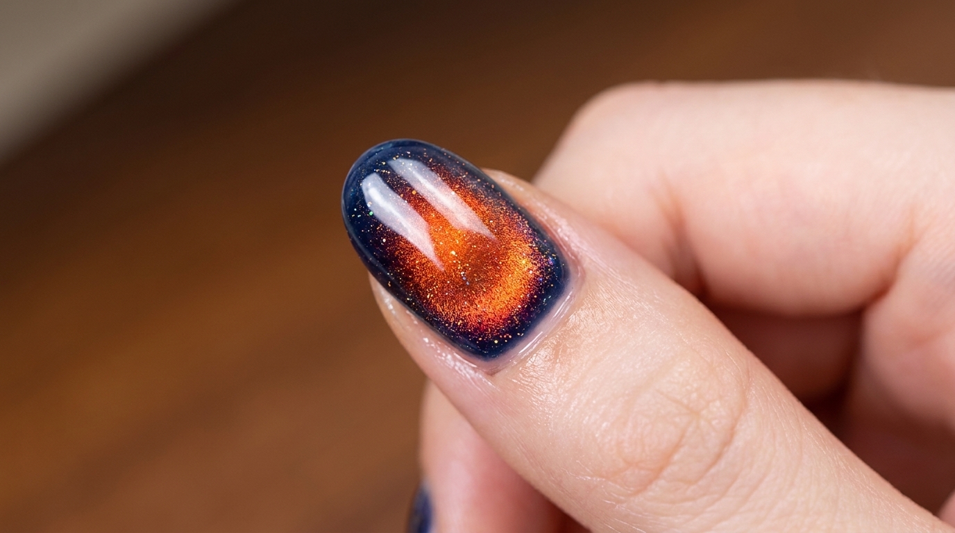 Un effet dégradé coucher de soleil profond créé avec du gel cat eye, montrant des transitions fluides du bleu profond au rouge orangé vibrant avec un reflet scintillant.