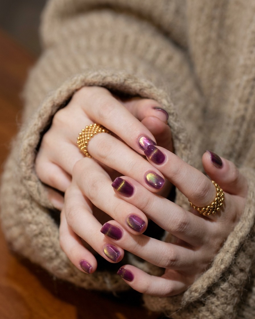 Une main positionnée sous une lampe UV/LED, avec leffet œil-de-chat violet et or visible sur les ongles.