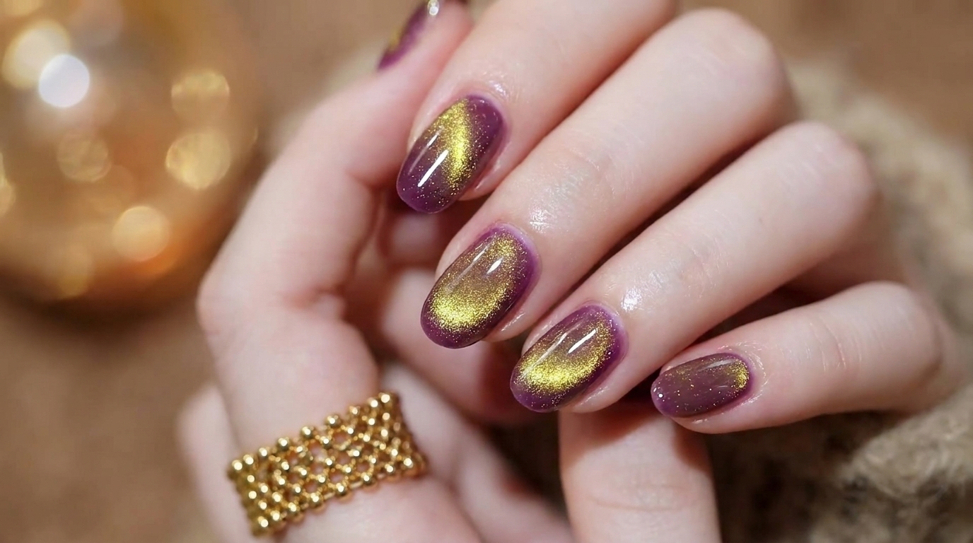 Ongles effet œil-de-chat violet et doré : Tutoriel étape par étape