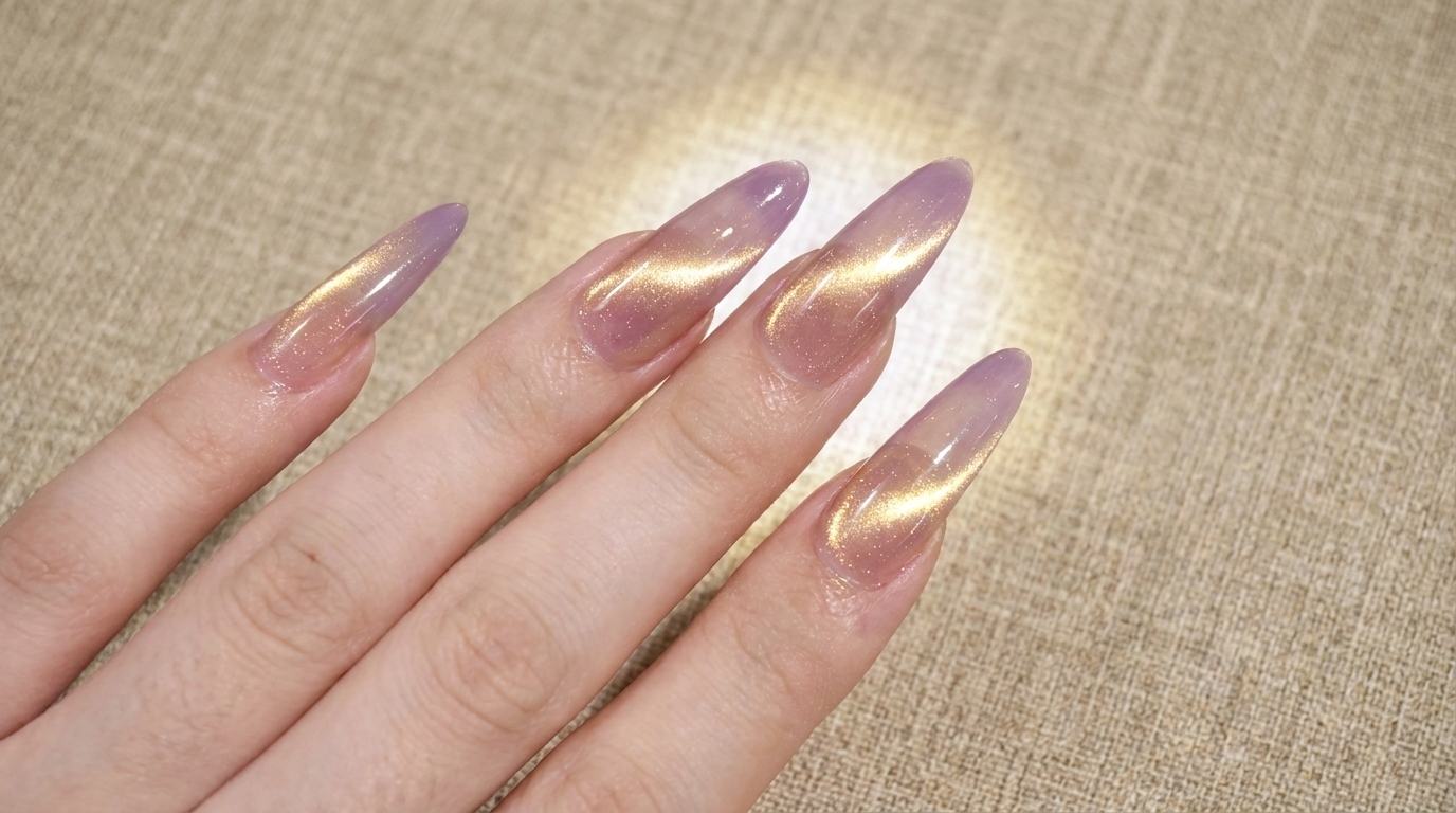 Ongles longs en forme stiletto arborant un dégradé violet vers or avec un fini cat-eye perles de verre hautement réfléchissant.