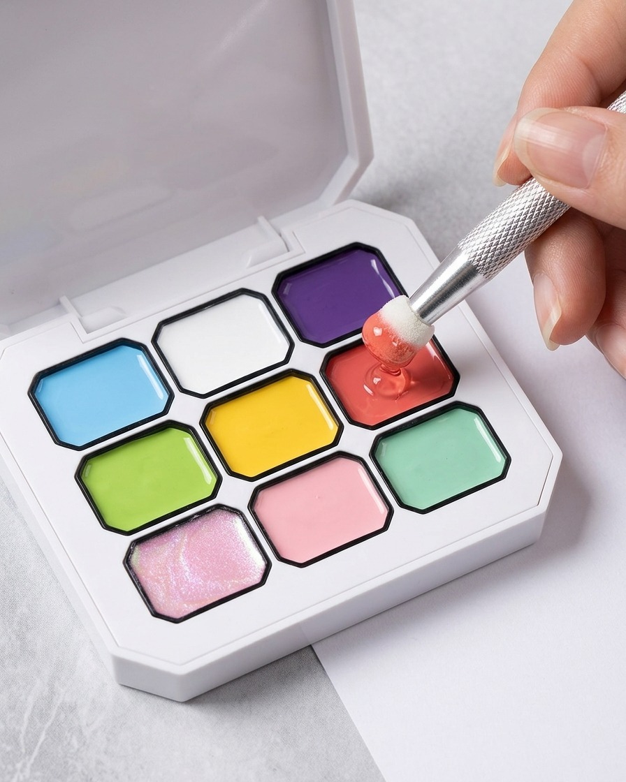 Gros plan dune main utilisant un outil à embout mousse pour appliquer du gel rose depuis une palette.