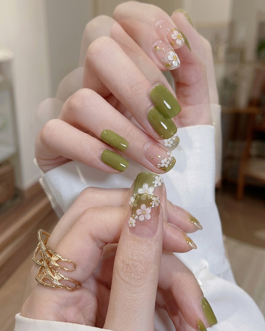 Un pinceau appliquant une couche finale de top coat transparent et brillant sur un nail art terminé.