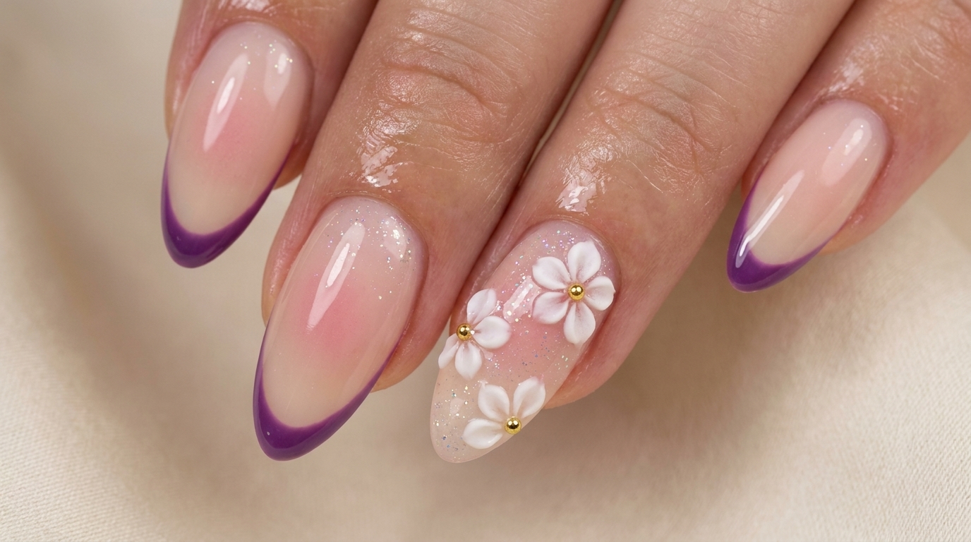 Tutoriel Manucure : Ongles Fleurs de Cerisier et French Manucure à Paillettes