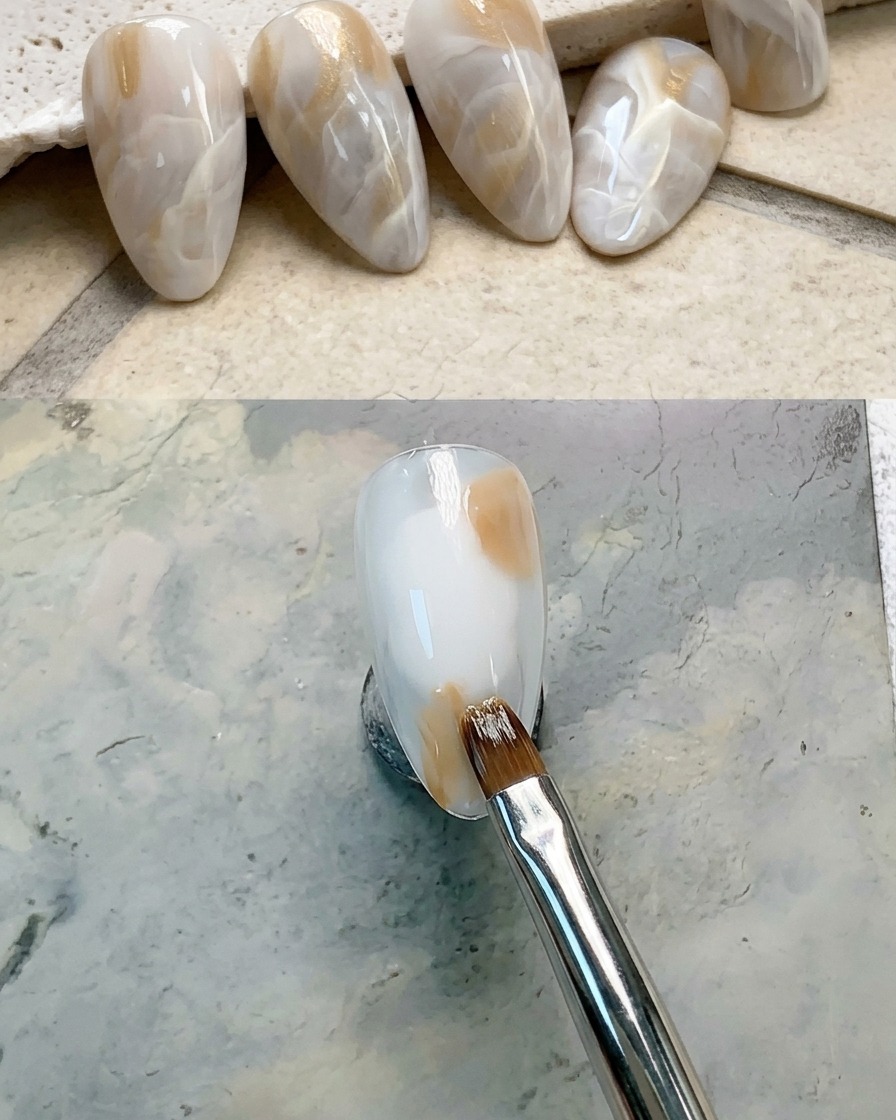 Gros plan sur longle avec une touche de gel marron appliquée dans le coin supérieur droit.