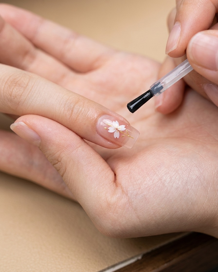 Un pinceau appliquant une dernière couche transparente et brillante de gel sur un ongle orné dune fleur de cerisier.
