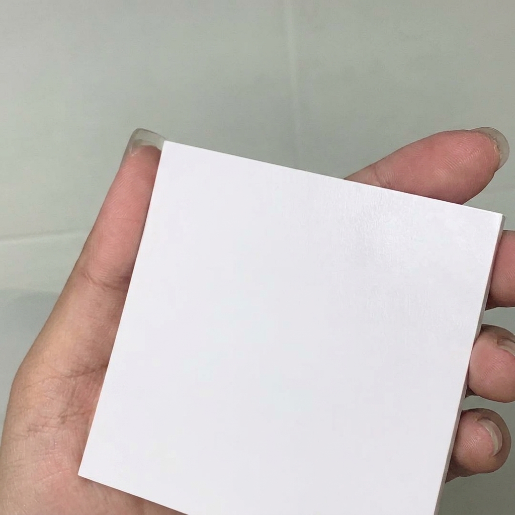 Une main tenant une feuille de palette carrée, propre et non poreuse, sur un fond neutre.
