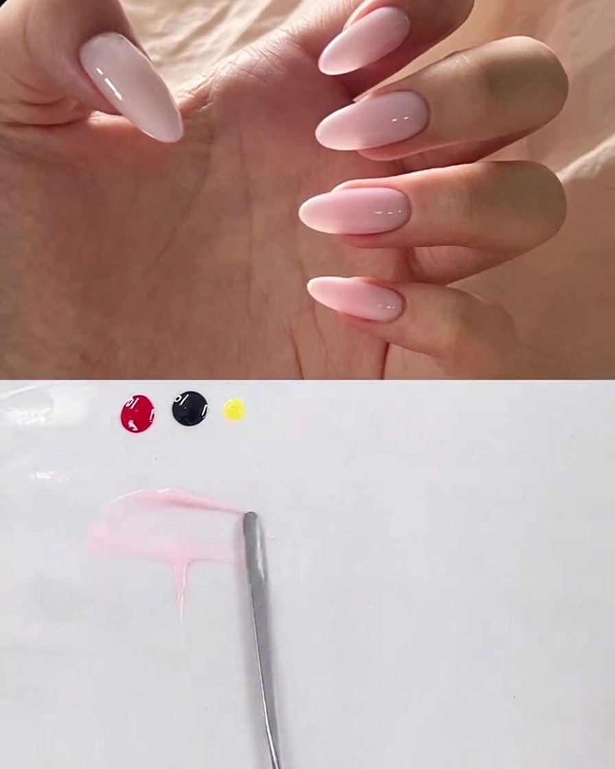 Une minuscule goutte de gel noir ajoutée sur le côté du mélange de gel rose.