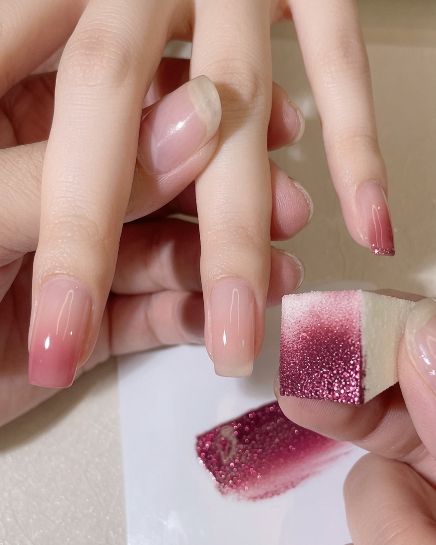 Une éponge tapotée sur la pointe dun ongle daspect naturel pour créer un doux dégradé rose.