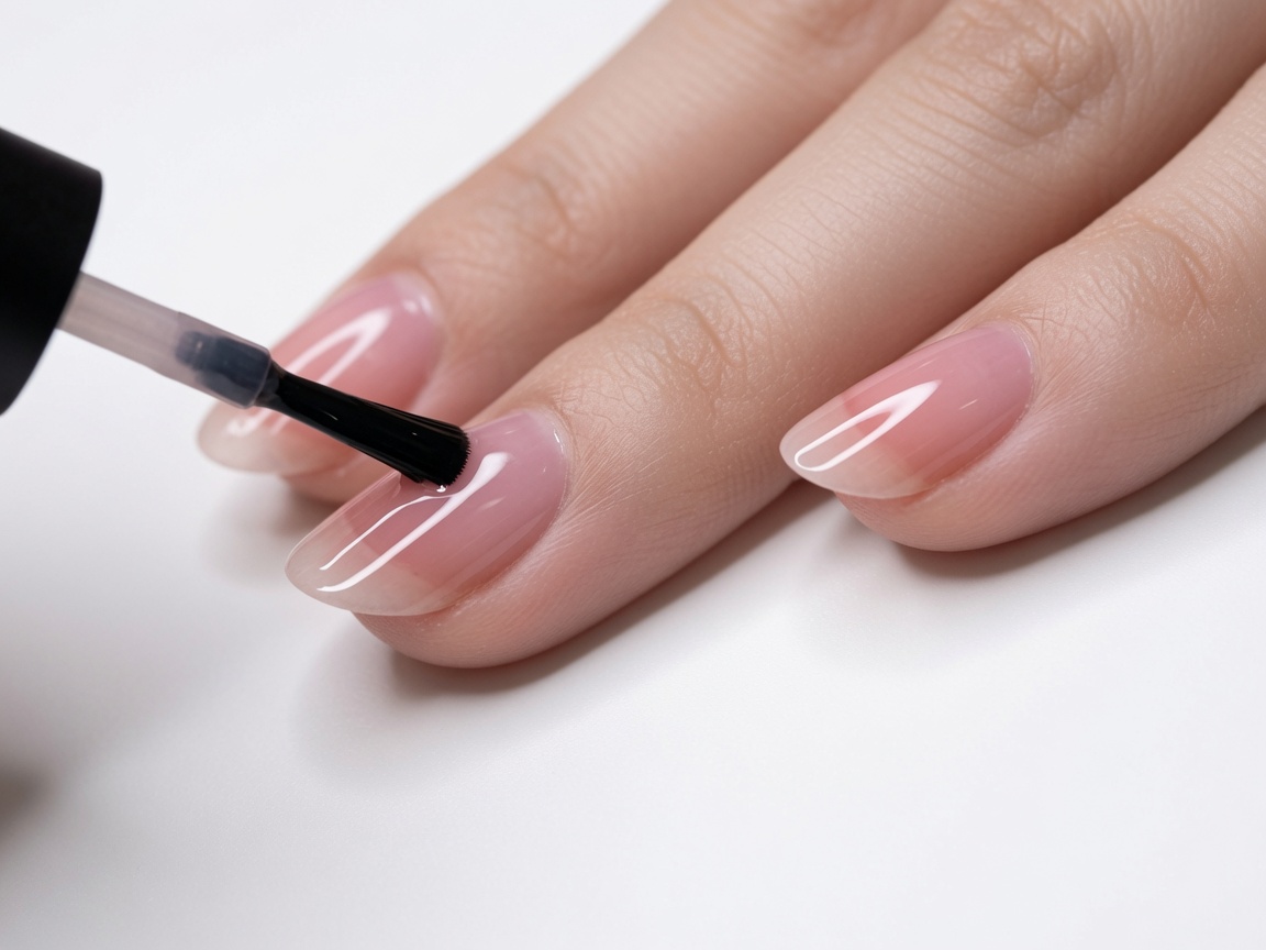 Vernis jelly rose appliqué à partir de la marque des deux tiers vers la pointe du majeur.