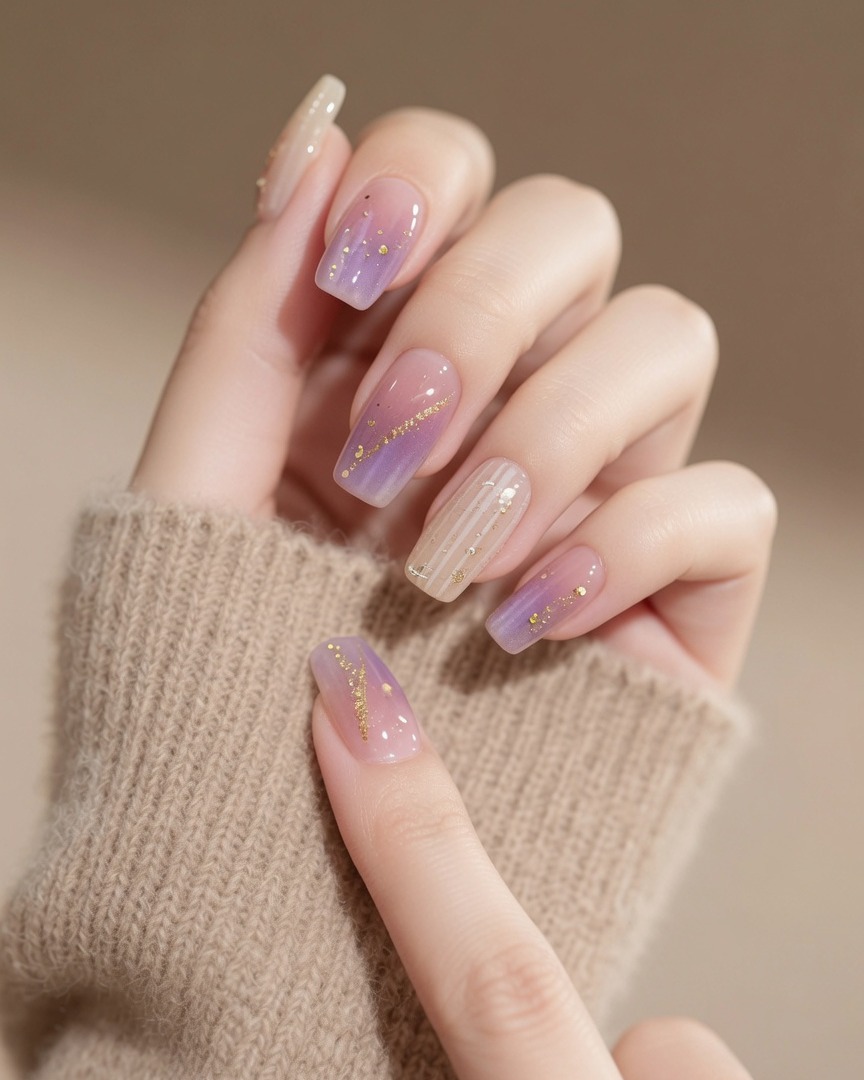 Un pinceau appliquant un vernis gel violet rosé translucide au centre dun ongle.