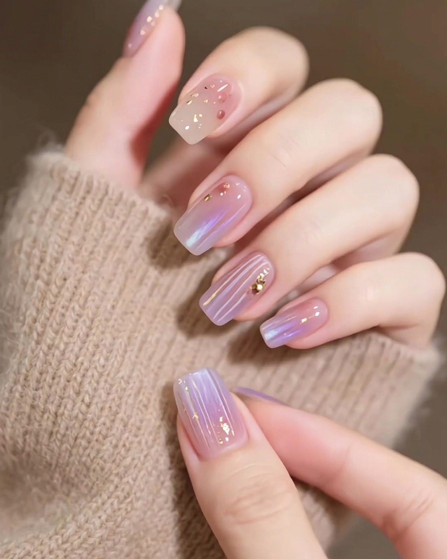 Application dune seconde couche de vernis gel violet, plus pigmentée, par-dessus la première.