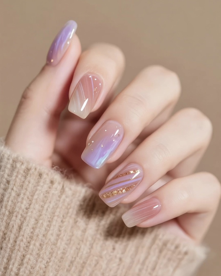 Une pince à épiler déposant de petits éclats de feuille dor scintillante sur un ongle présentant un dégradé violet et nude.