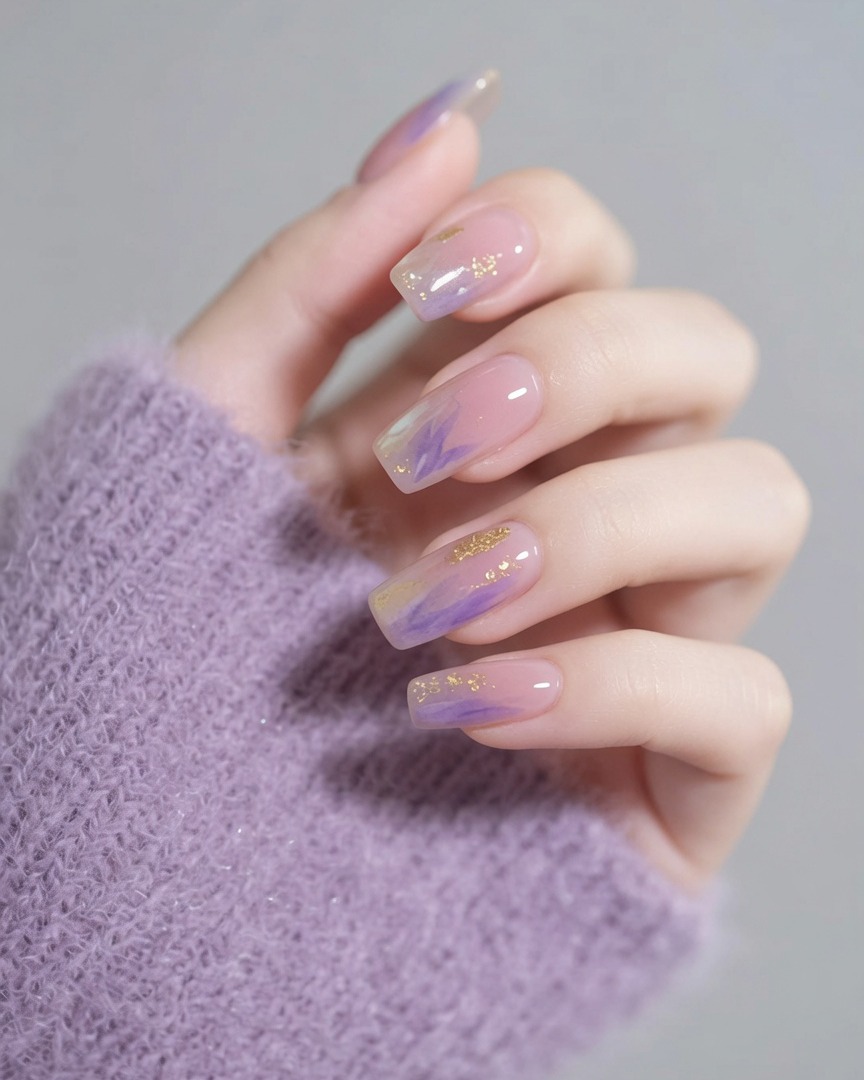 Un pinceau appliquant un top coat transparent et brillant sur un ongle en dégradé violet orné de détails dorés.
