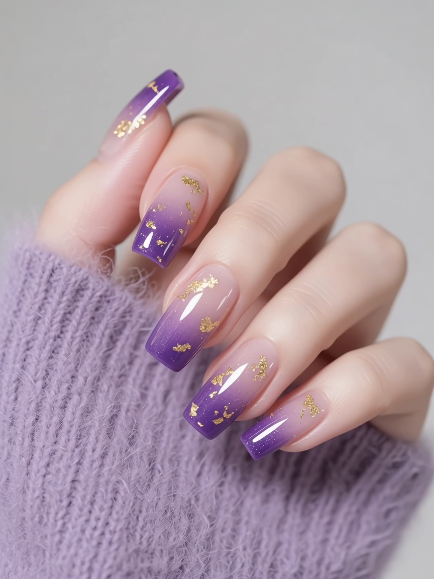 Ongles en Gel Ombré Violet aux Éclats de Feuille d'Or : Le Tutoriel Étape par Étape