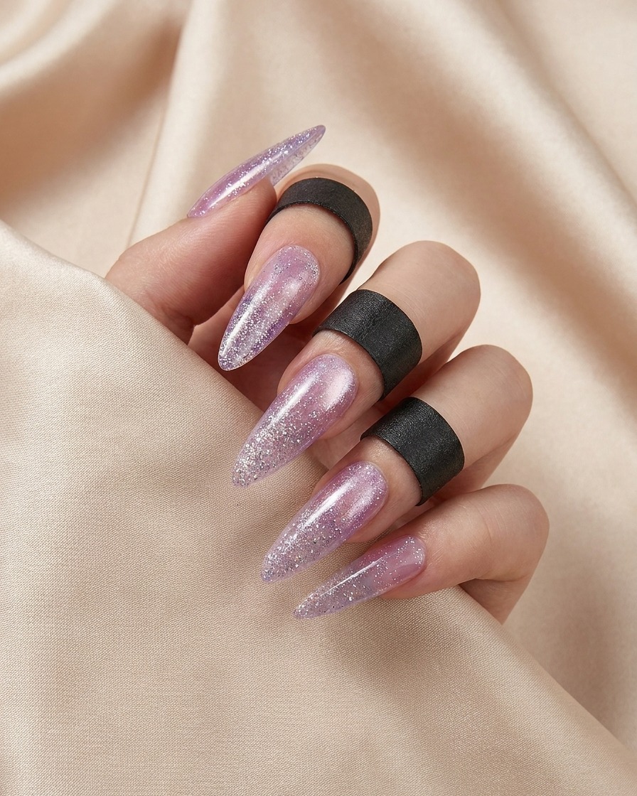 Une main avec du vernis œil de chat fraîchement appliqué placée sous une lampe UV/LED professionnelle.