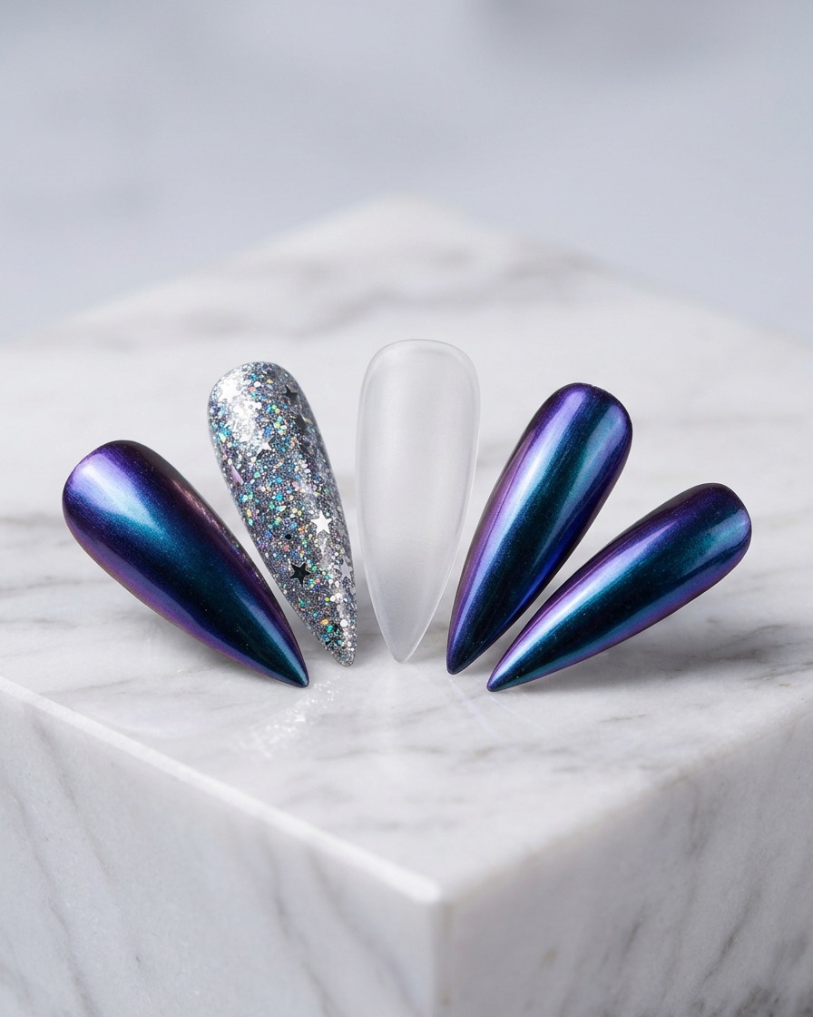 Vue latérale dun doigt placé à lintérieur dune lampe UV/LED émettant une lumière violette.