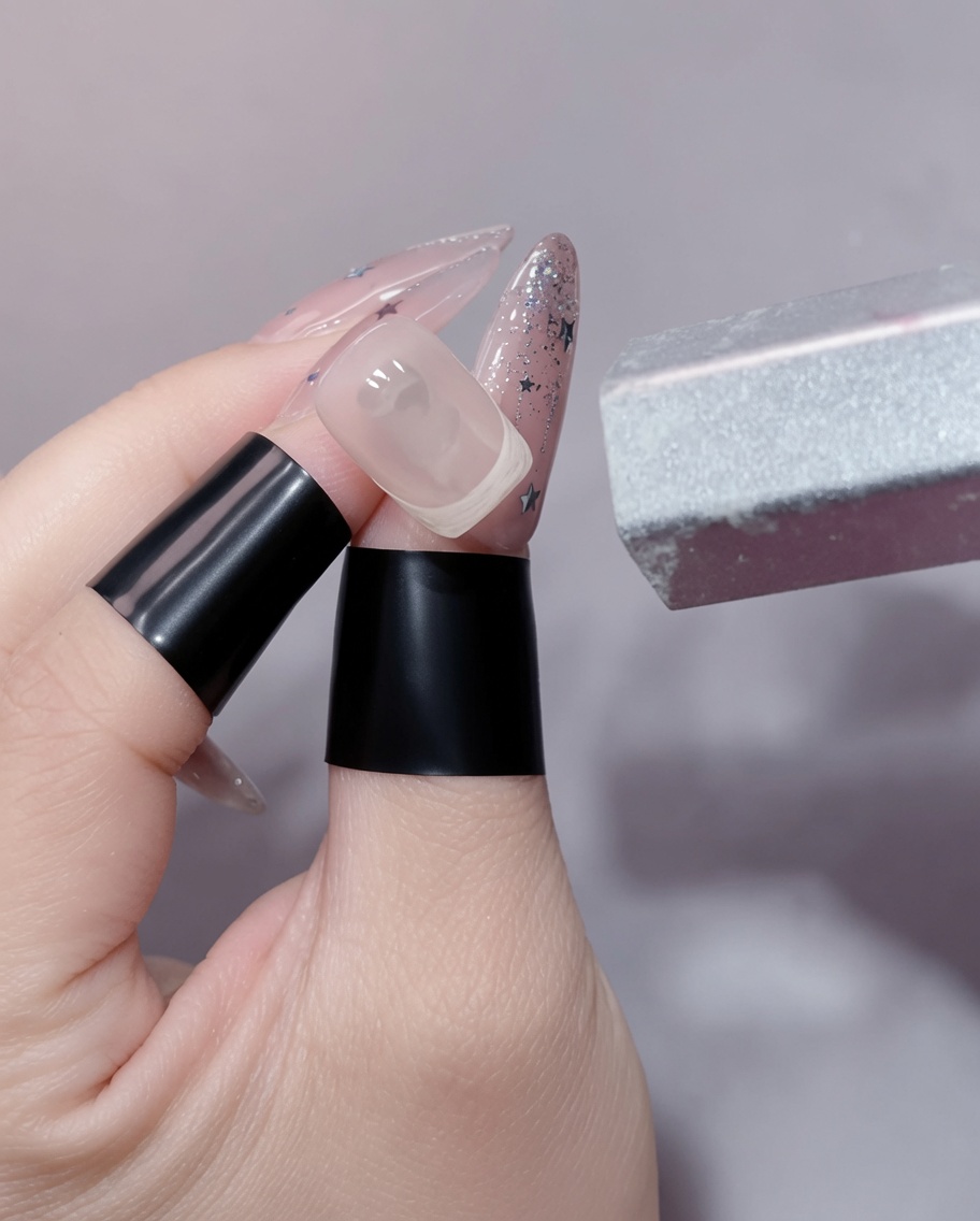 Un ongle en train de catalyser à lintérieur dune lampe UV/LED avec une douce lumière bleue illuminant lespace de travail.