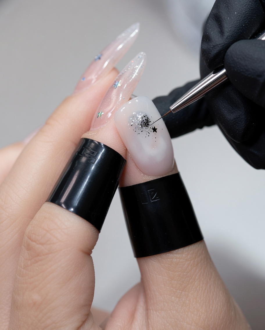 Gros plan dun pinceau liner plaçant de minuscules sequins argentés en forme détoile sur un ongle en gel de couleur claire.