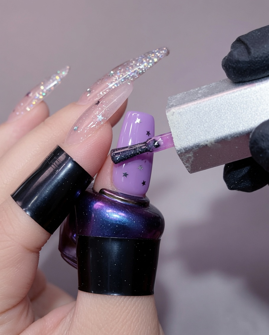 Une main tenant une lingette non pelucheuse, nettoyant doucement la surface dun ongle en forme damande fini et brillant.
