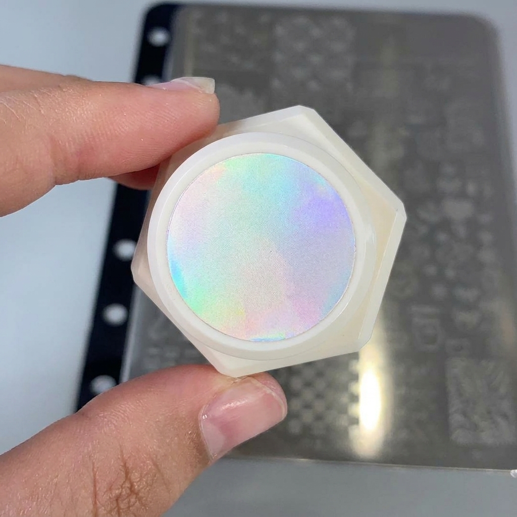 Pinceau appliquant du gel blanc sur un motif détoile gravé sur une plaque métallique.