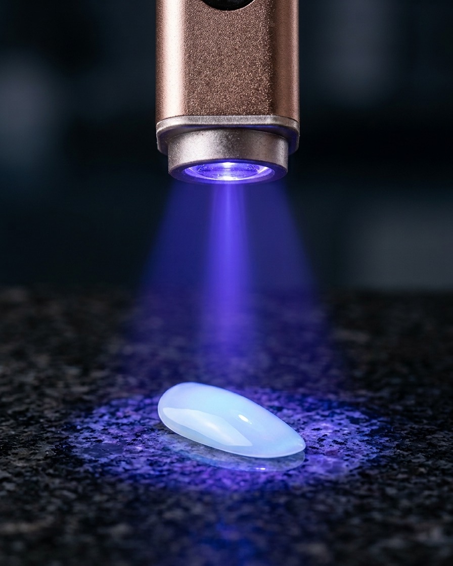 Un ongle manucuré placé sous une petite lampe UV portable pour la catalyse.