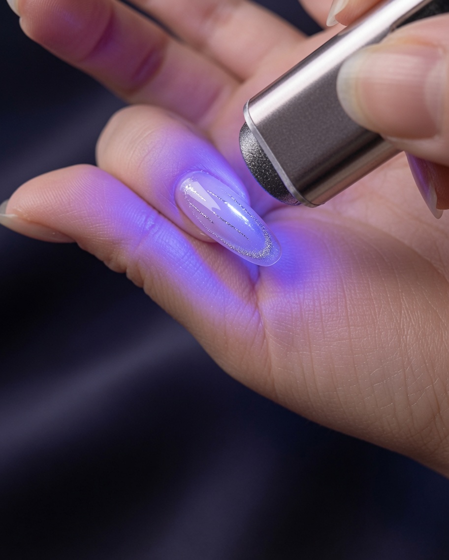 Une mini lampe UV catalysant les lignes de gel argenté sur longle.