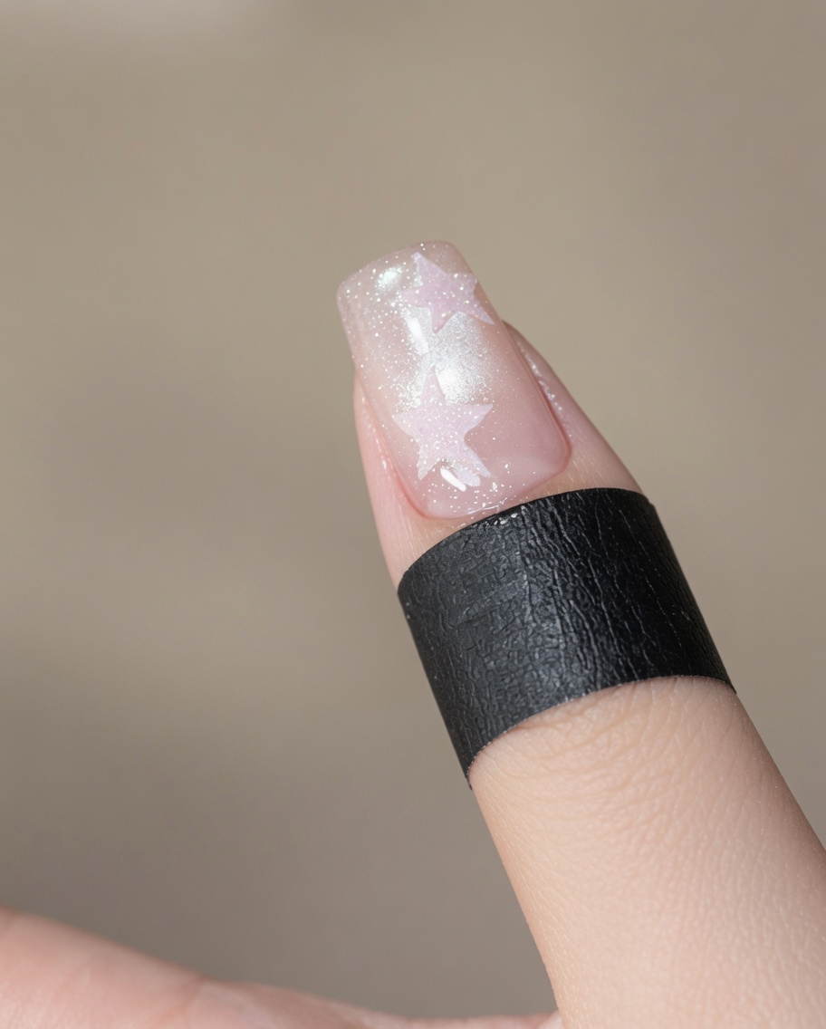 Un doigt placé sous une mini lampe LED portable pour catalyser le produit sur longle.