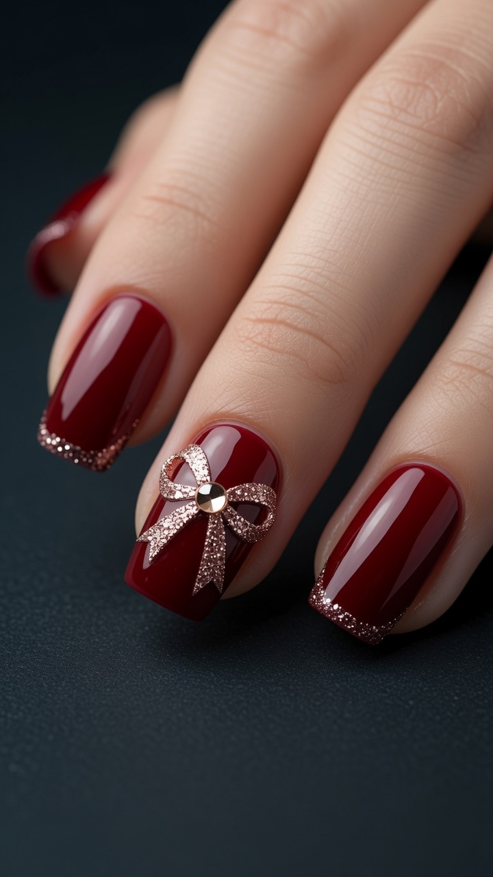 Manucure festive : Nail art ruban rouge profond et paillettes