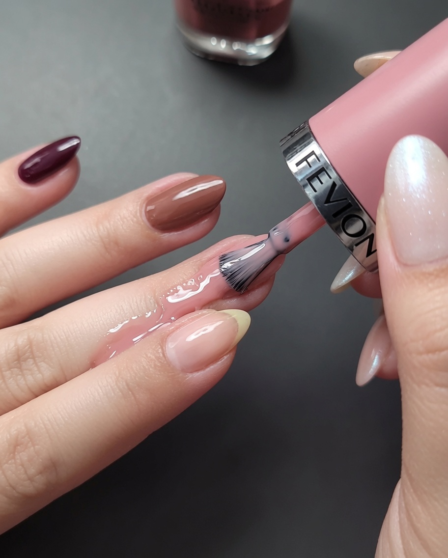 Gros plan de lapplication dun vernis rose poudré sur lindex.