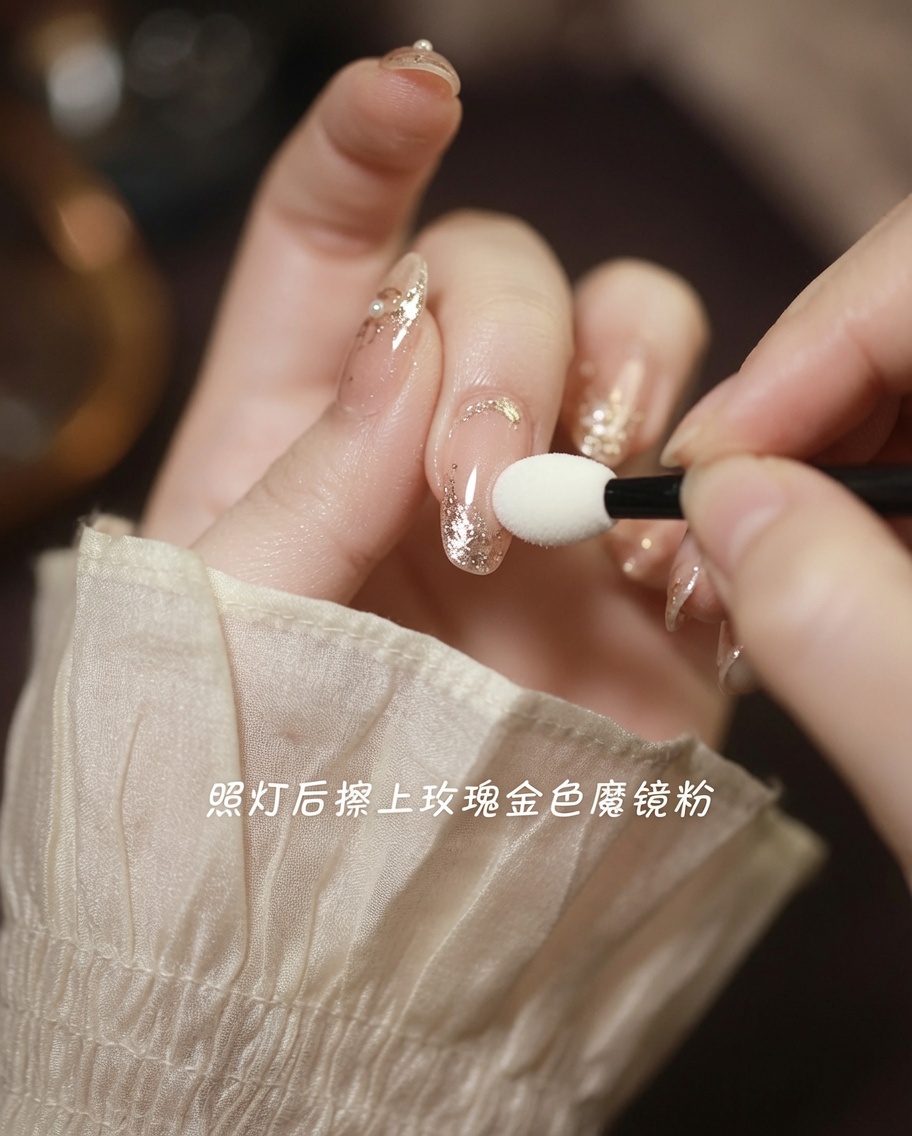 Gros plan dun ongle sur lequel de la poudre miroir or rose est appliquée sur des zones texturées spécifiques à laide dun petit applicateur éponge.