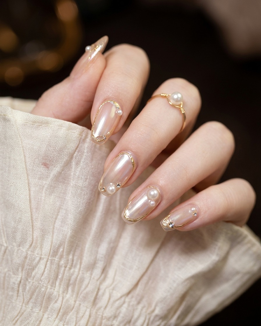 Un outil professionnel de pose de perles déposant une petite perle blanche sur un point de colle sur un ongle décoré.