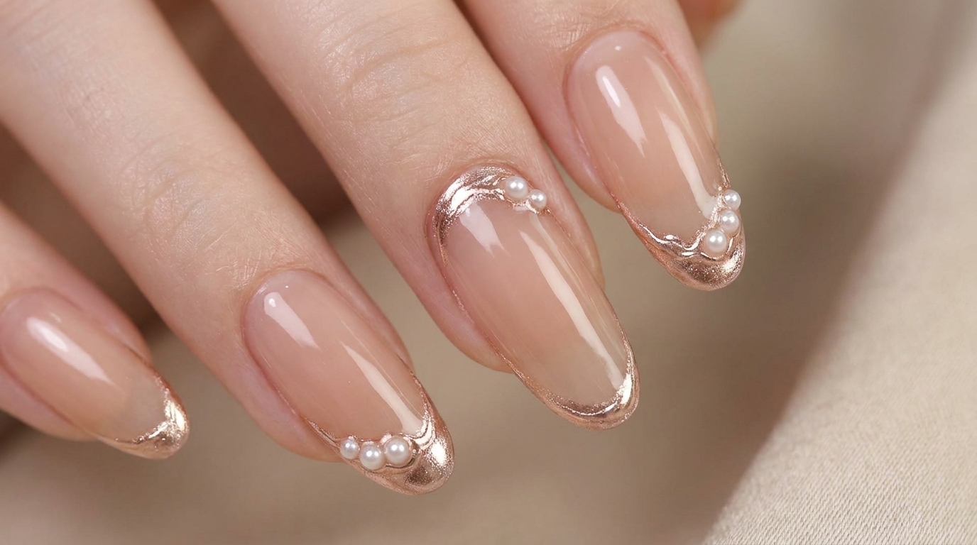 Ongles Miroir Champagne Rosé — Tutoriel avec Accents de Perles Élégants