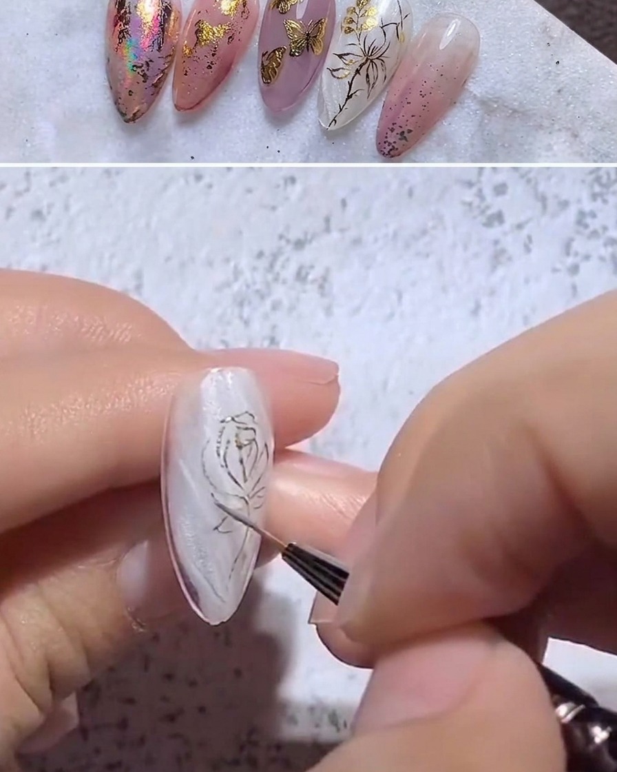 Gros plan dun pinceau liner fin peignant une petite feuille pointue partant de la tige dorée.