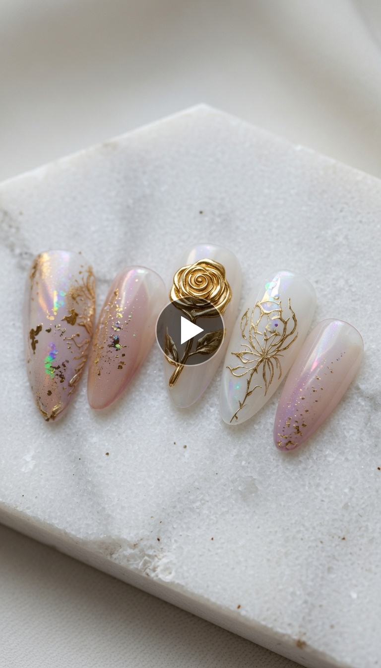 Rose dorée métallique sur base Aurora — Tutoriel détaillé de Nail Art