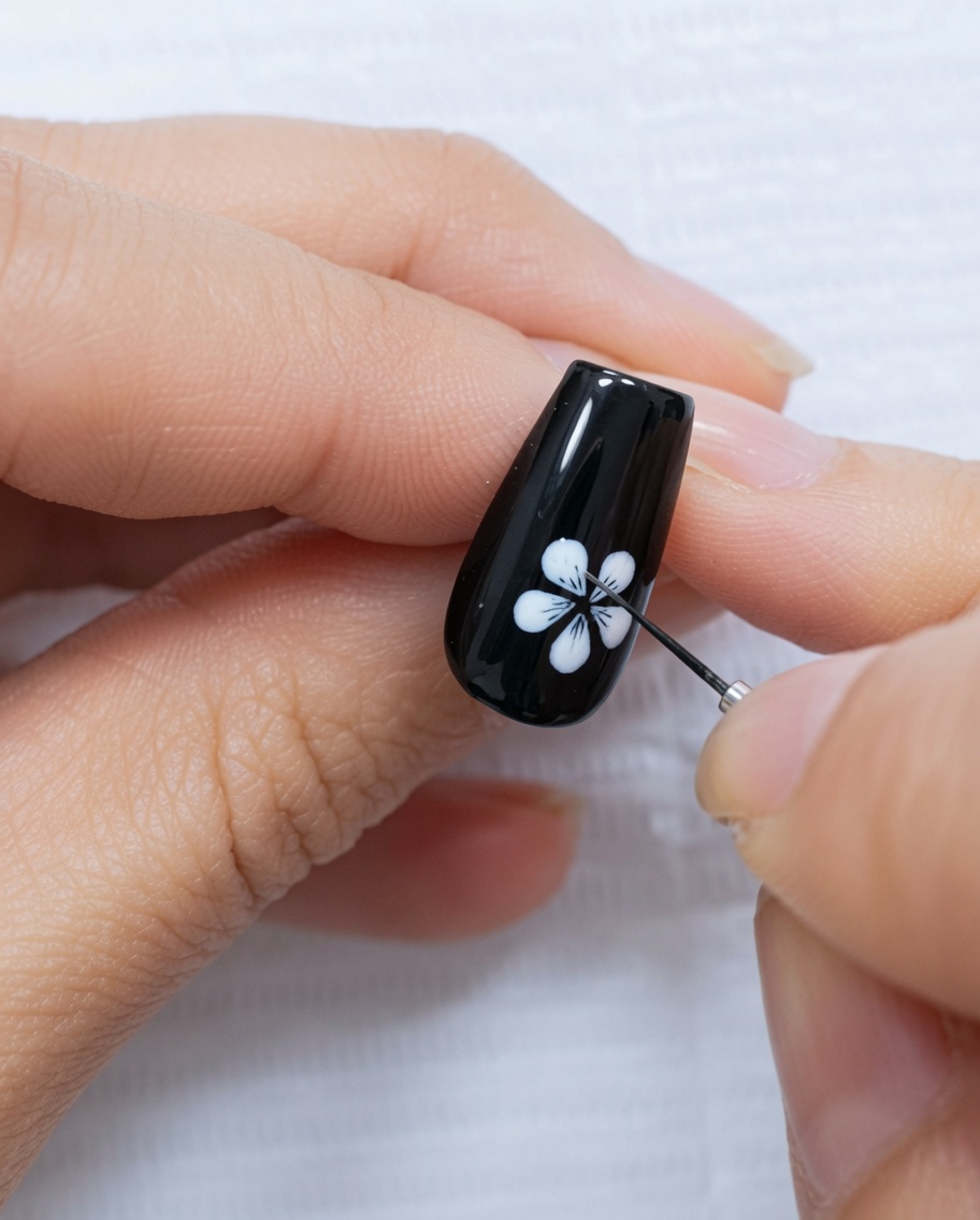 Un ongle noir avec la fleur blanche et un trait diagonal fin sur le côté.