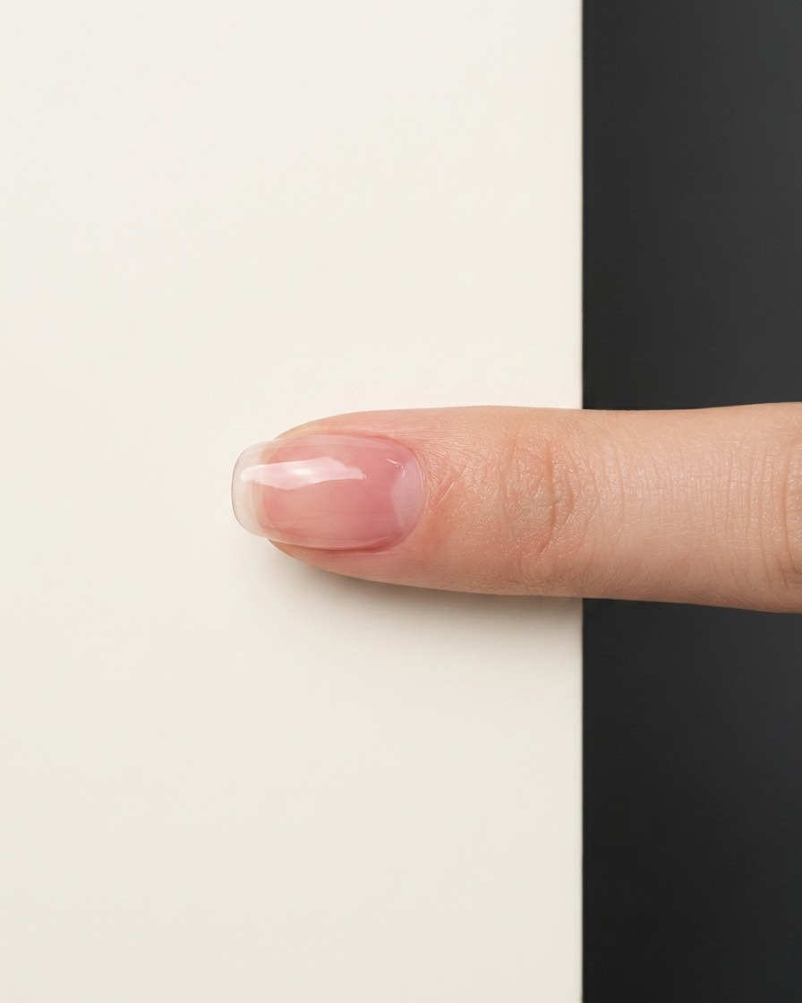 Gros plan dun ongle naturel propre recouvert dune couche brillante de base transparente.