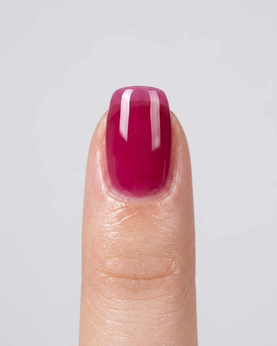 Gros plan dun ongle montrant une deuxième couche, légèrement plus vibrante, de vernis jelly rose.
