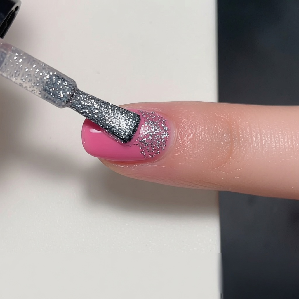 Un pinceau appliquant une couche de vernis pailleté argenté dense sur une base en gel rose sur un ongle.