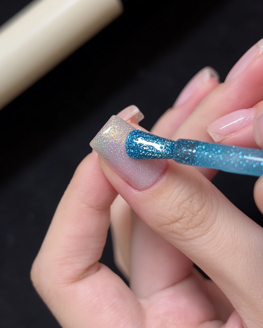 Estompage du gel bleu dans la base cat-eye avec un pinceau liner fin.