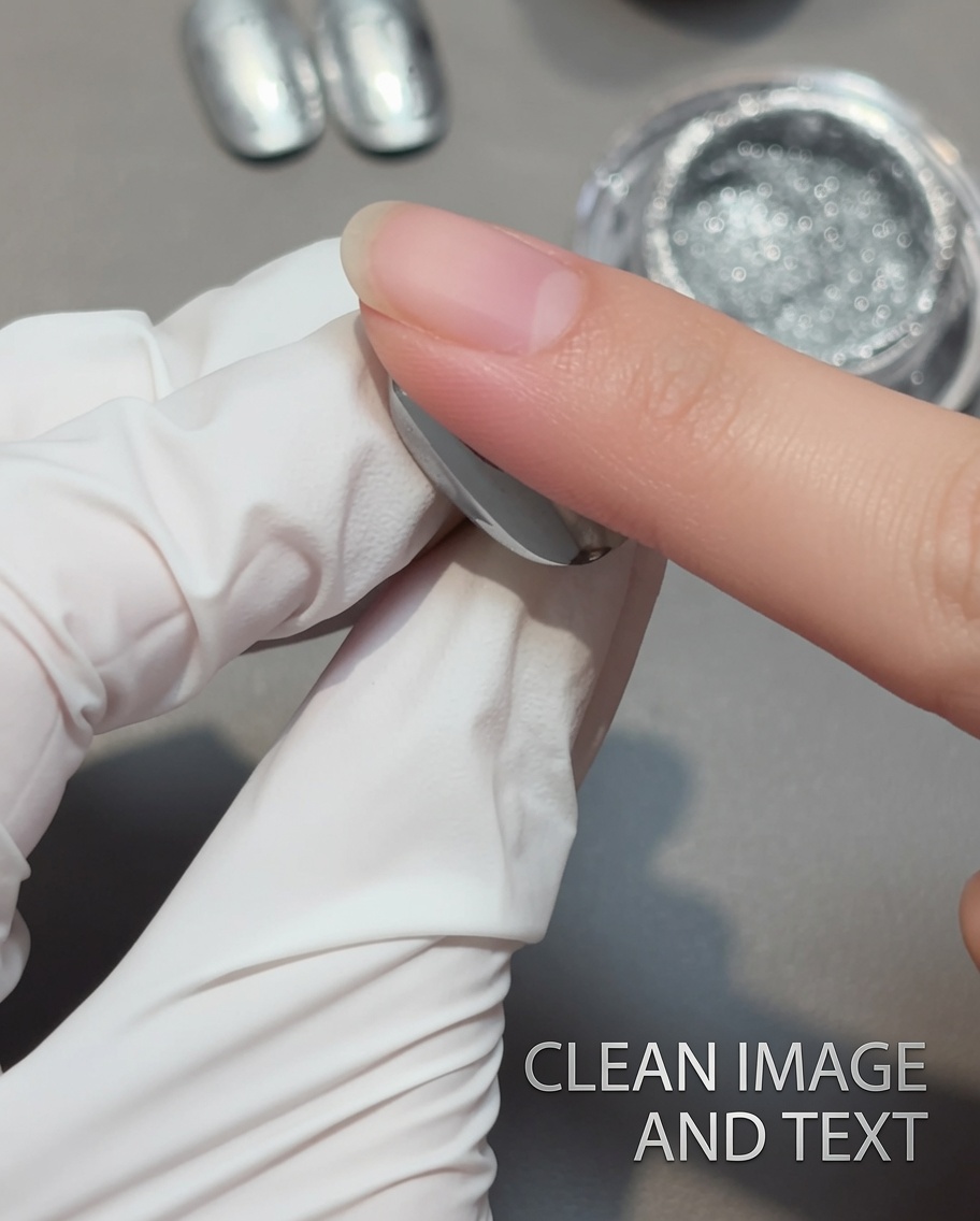 Un doigt frottant de la poudre chrome argentée sur un ongle noir, créant un fini métallique.