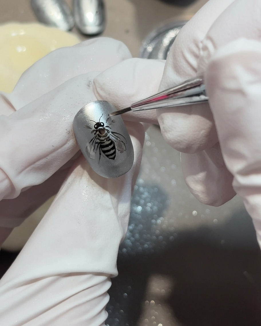 Un gros plan montrant un pinceau liner ajoutant de petites gouttes deau de finition autour dun motif central de ride deau sur un ongle mat.