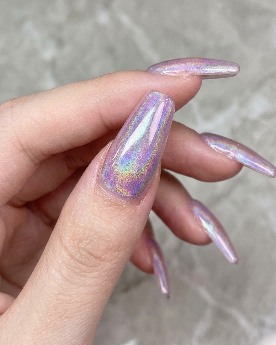 Un pinceau à ongles appliquant une couche de finition transparente sur longle peint en gel rose.