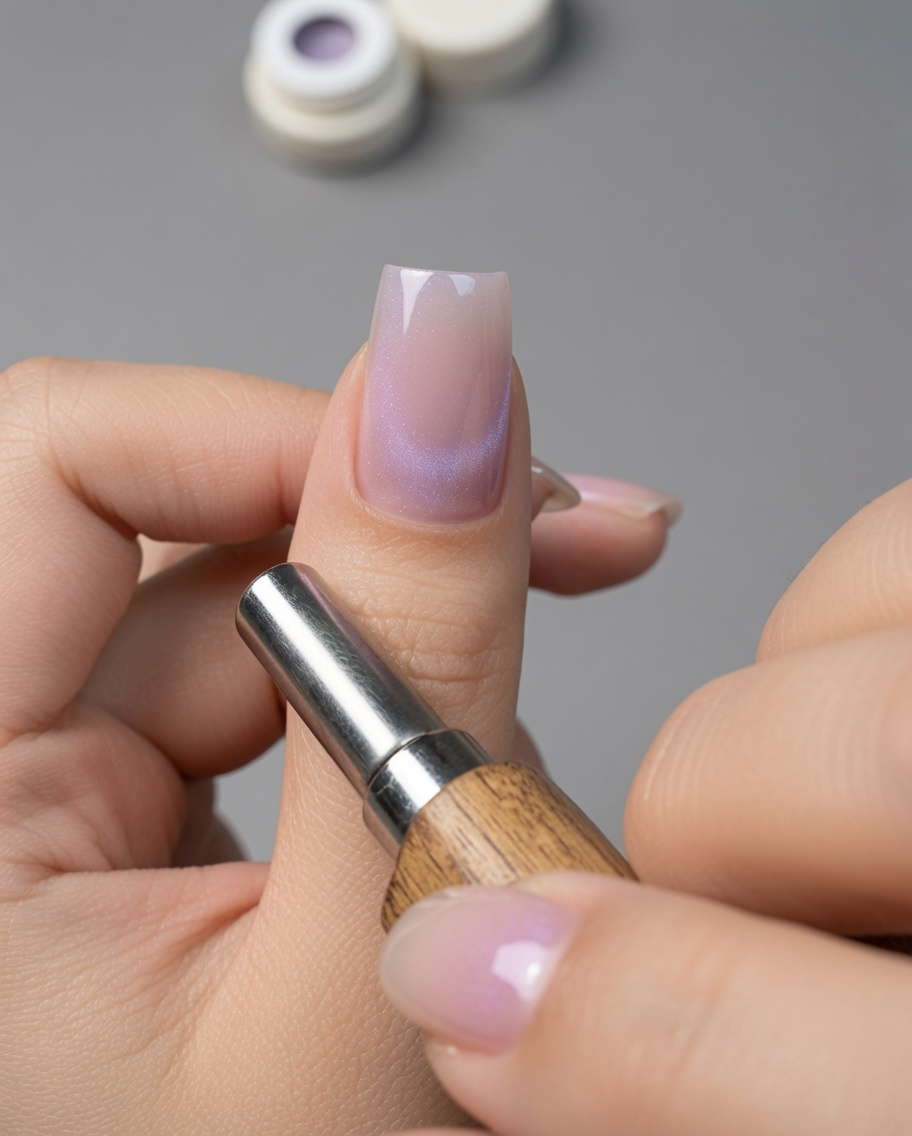 Un aimant utilisé pour diriger les reflets cat eye sur la surface de longle.