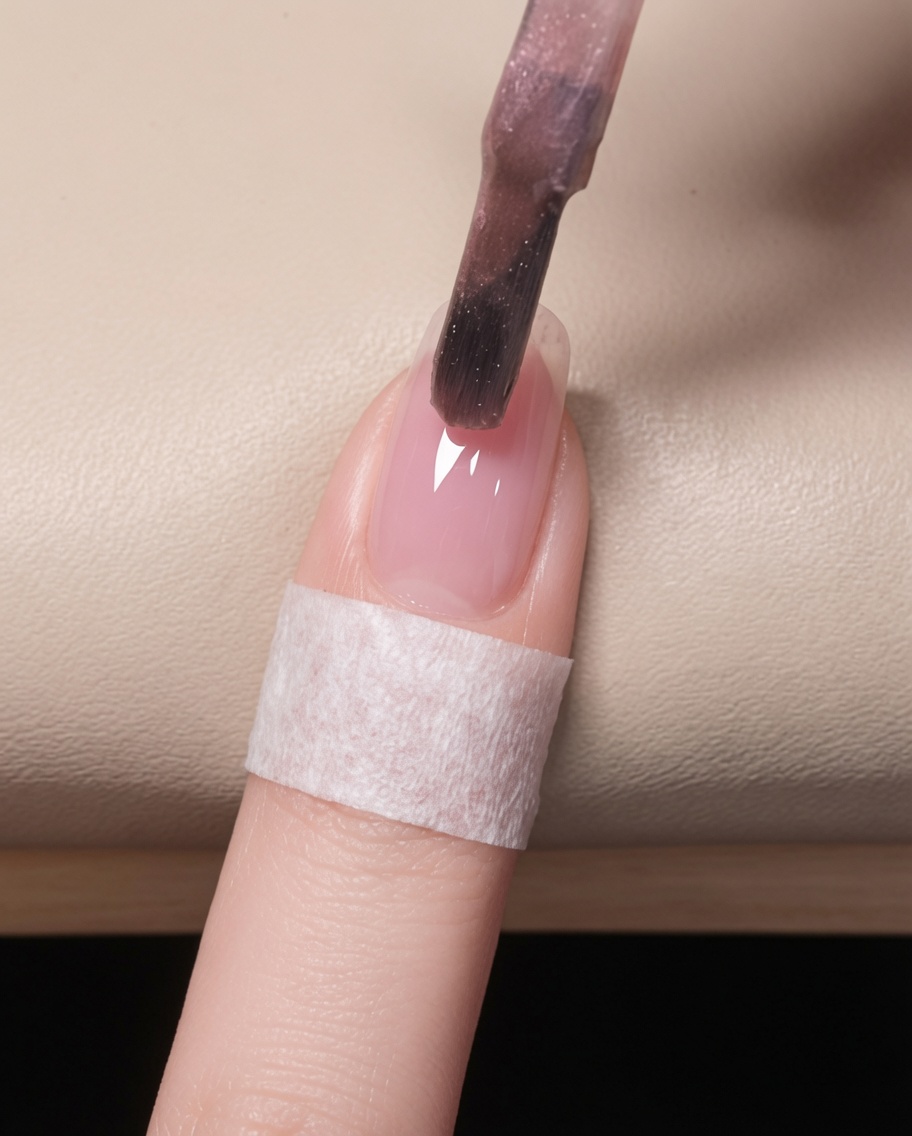 Gros plan sur un pinceau appliquant une fine couche de gel œil de chat rose sur un ongle naturel préparé.