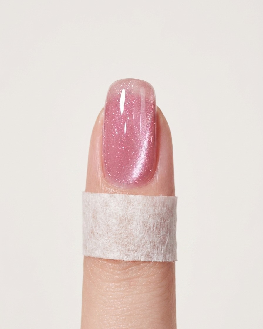 Un outil magnétique positionné près dun ongle humide, montrant les particules métalliques se déplaçant pour créer leffet œil de chat.