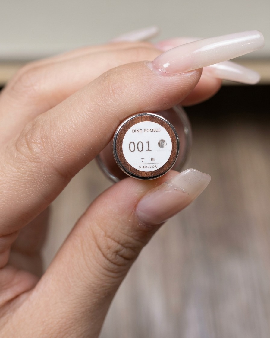 Gros plan sur une main tenant le flacon de vernis gel cat eye gris numéro 1.