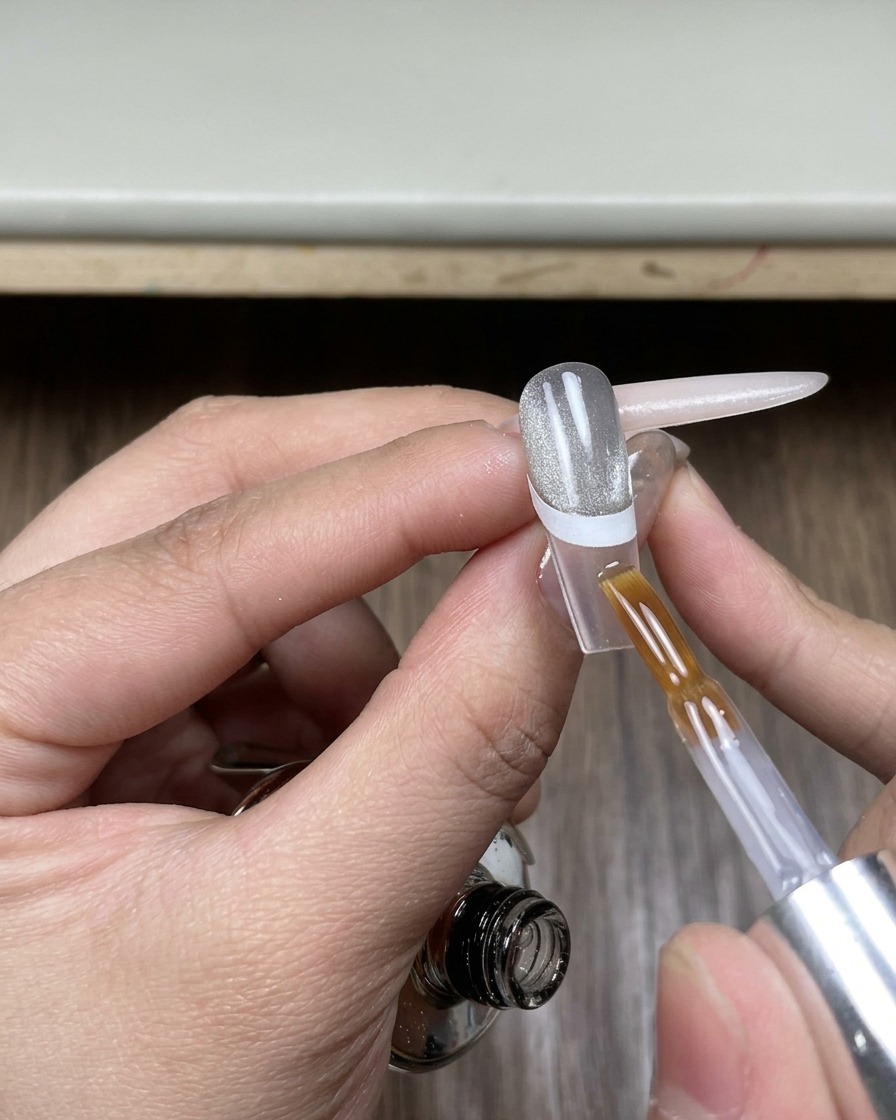 Un pinceau appliquant un top coat brillant transparent sur la pointe exposée dun ongle, en suivant la courbe dun guide adhésif blanc.