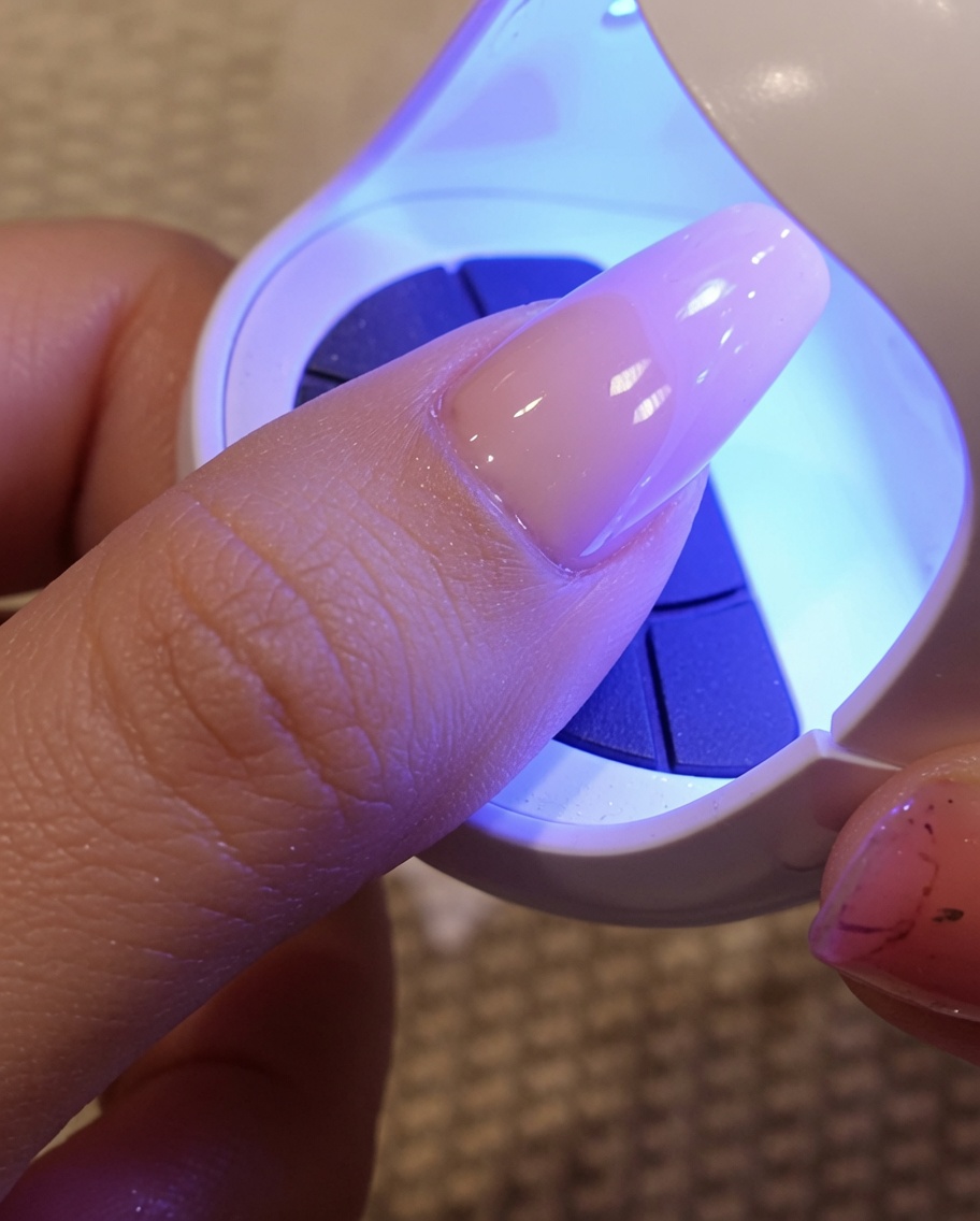 Un pinceau à vernis appliquant un top coat gel transparent et visqueux sur une base marron clair, laissant un fini humide.
