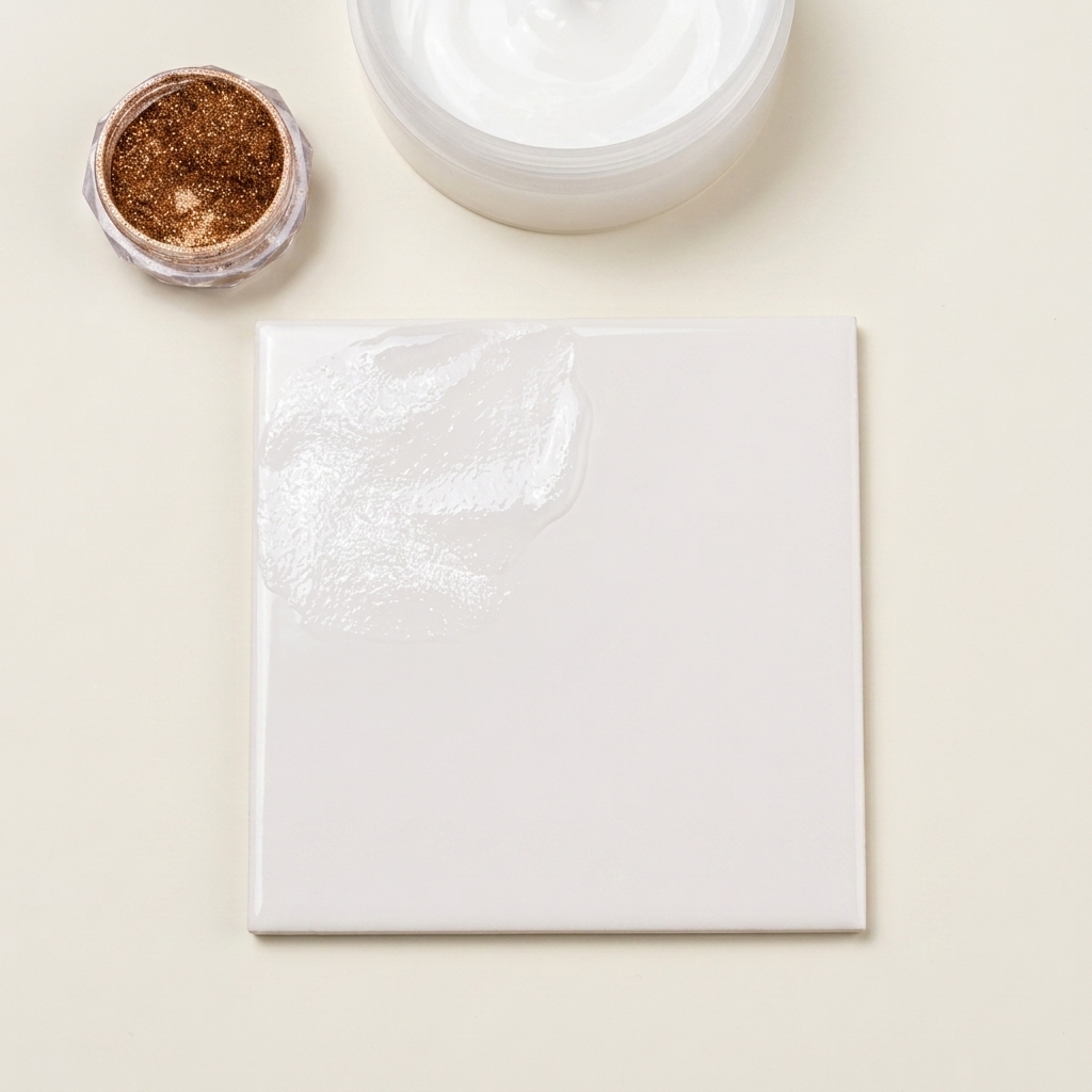 Petit tas de poudre de cristal sur une palette à côté dun pot de poudre miroir cuivrée.
