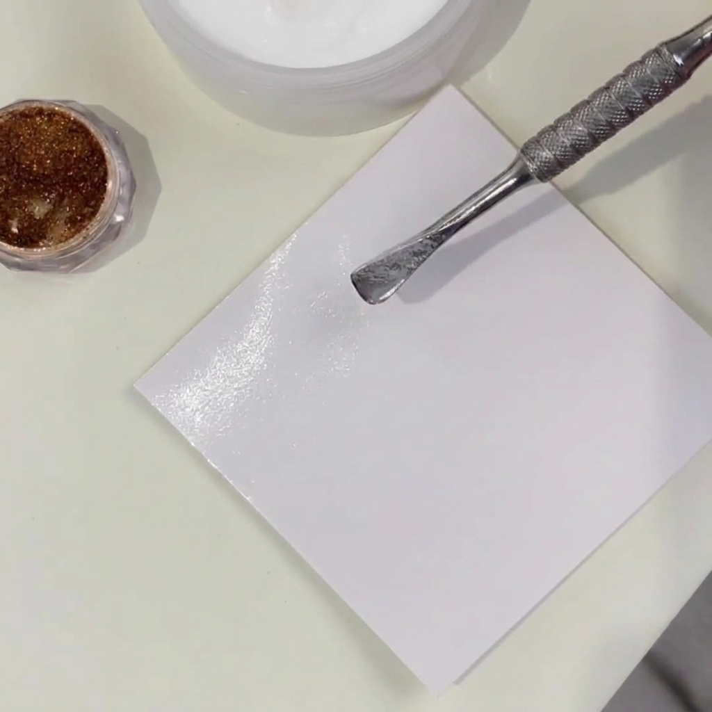 Gros plan sur un pousse-cuticules mélangeant de la poudre transparente et du bronze sur une palette blanche.